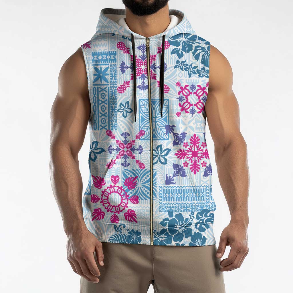 Hawaii Tapa Tribal Sleeveless Zip Hoodie With Hawaiian Quilt Pattern Blue - Polynesian Pride