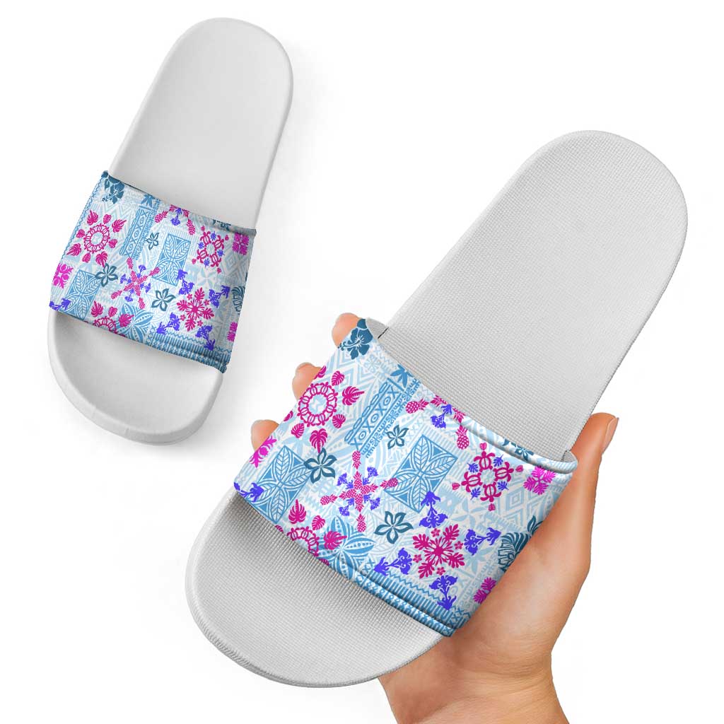 Hawaii Tapa Tribal Slide Sandals With Hawaiian Quilt Pattern Blue - Polynesian Pride