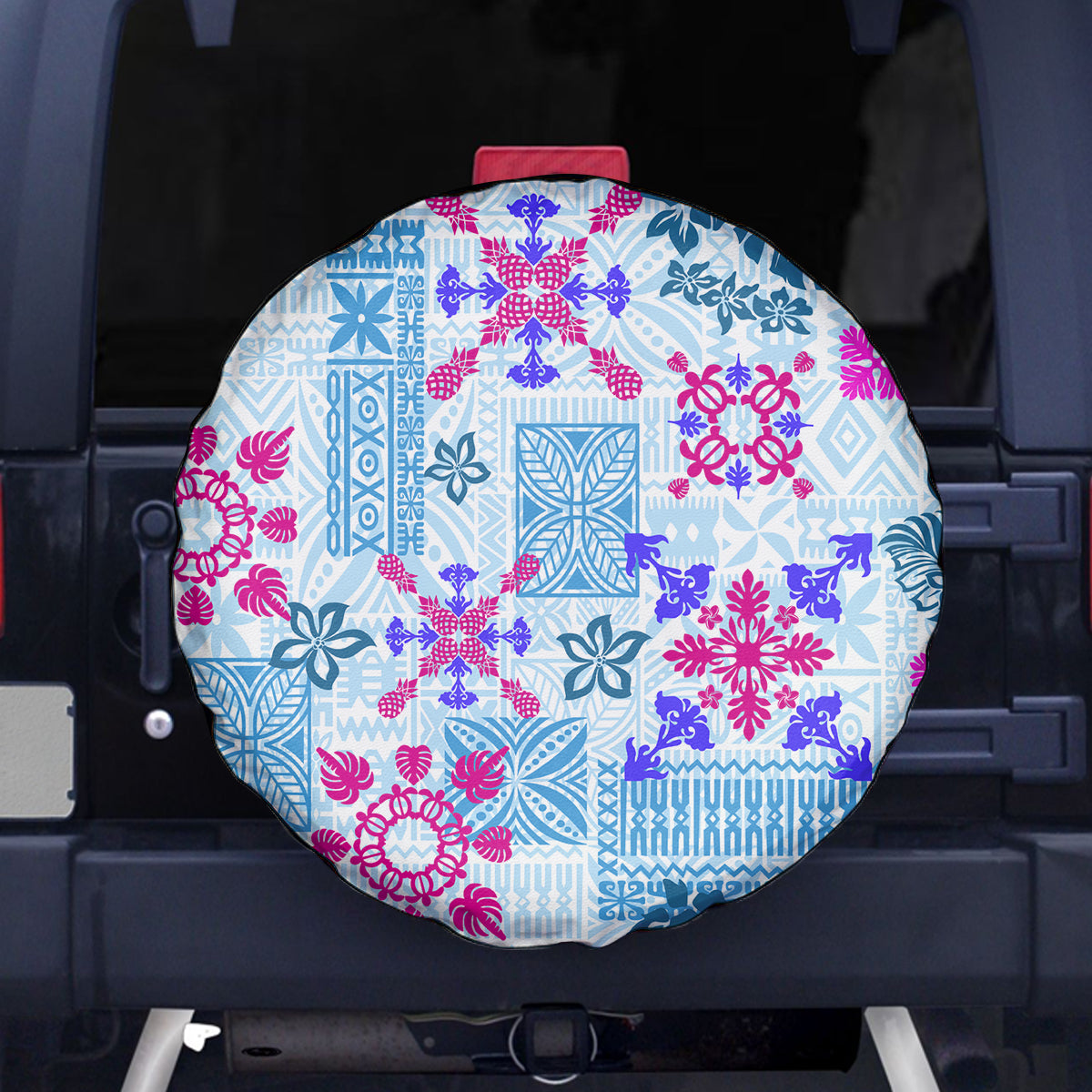 Hawaii Tapa Tribal Spare Tire Cover With Hawaiian Quilt Pattern Blue LT9 Blue - Polynesian Pride