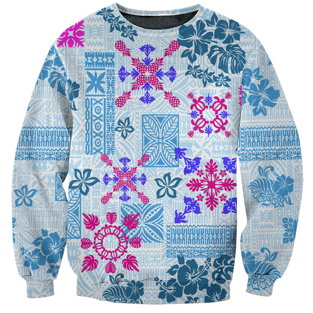 Hawaii Tapa Tribal Sweatshirt With Hawaiian Quilt Pattern Blue LT9 Unisex Blue - Polynesian Pride