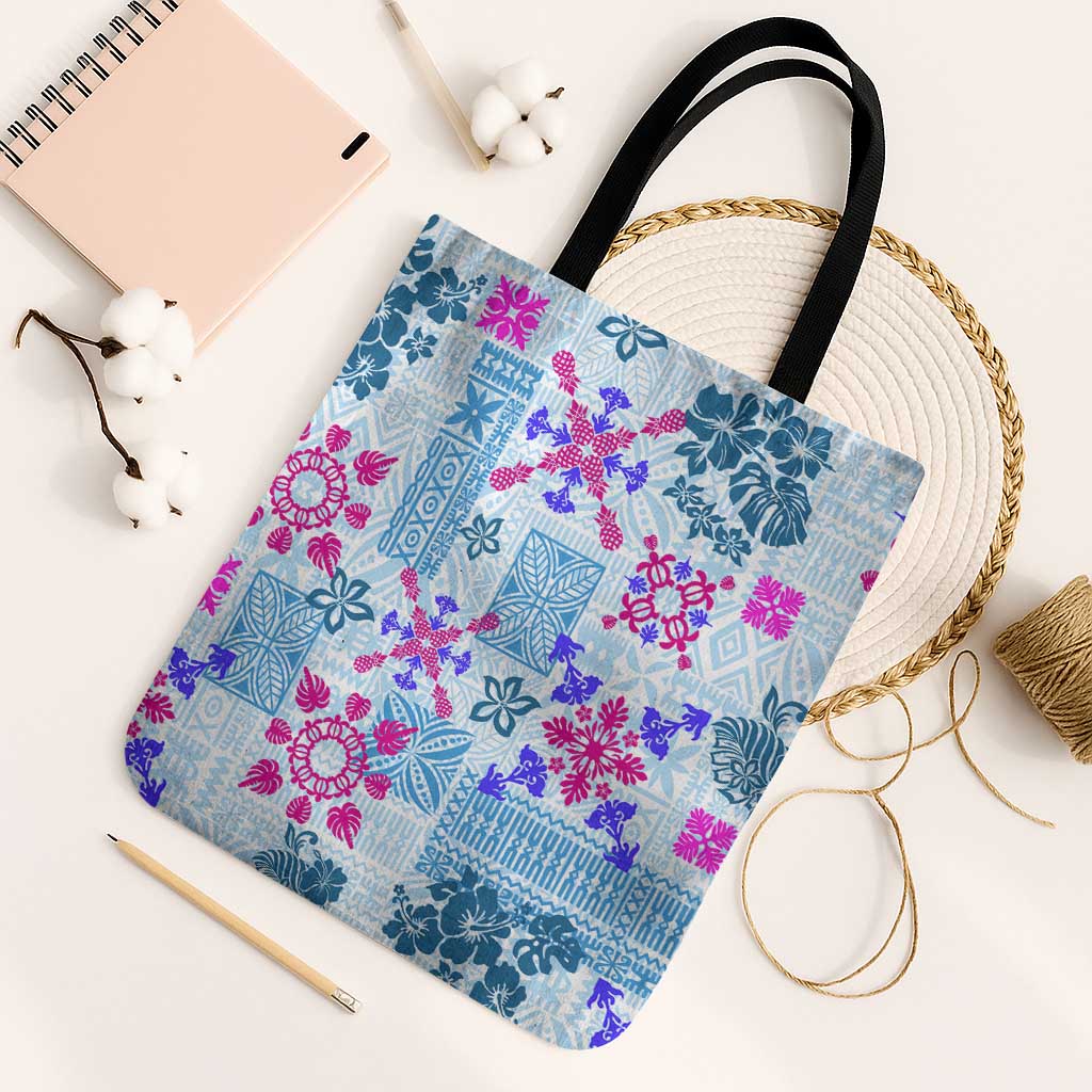 Hawaii Tapa Tribal Tote Bag With Hawaiian Quilt Pattern Blue - Polynesian Pride