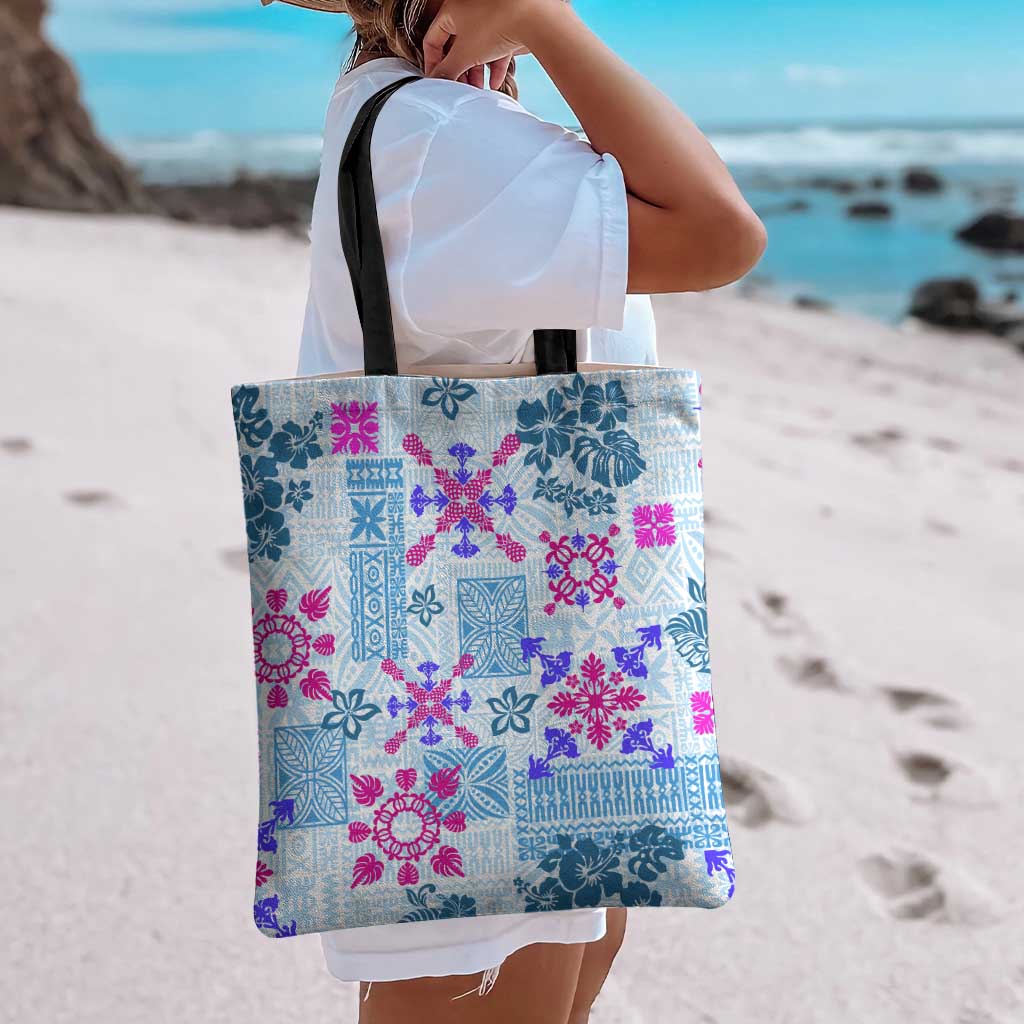 Hawaii Tapa Tribal Tote Bag With Hawaiian Quilt Pattern Blue - Polynesian Pride