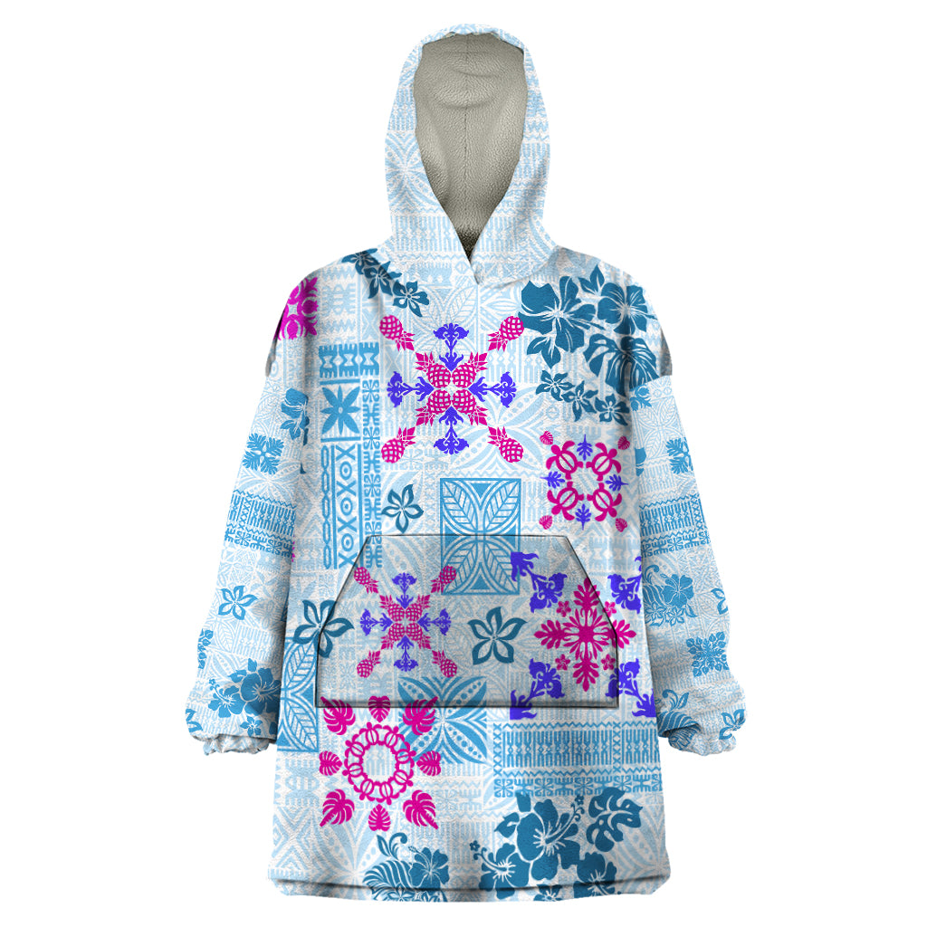 Hawaii Tapa Tribal Wearable Blanket Hoodie With Hawaiian Quilt Pattern Blue LT9 One Size Blue - Polynesian Pride