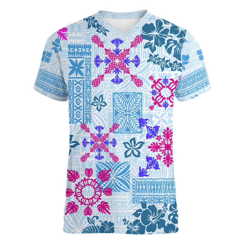 Hawaii Tapa Tribal Women V Neck T Shirt With Hawaiian Quilt Pattern Blue LT9 Female Blue - Polynesian Pride