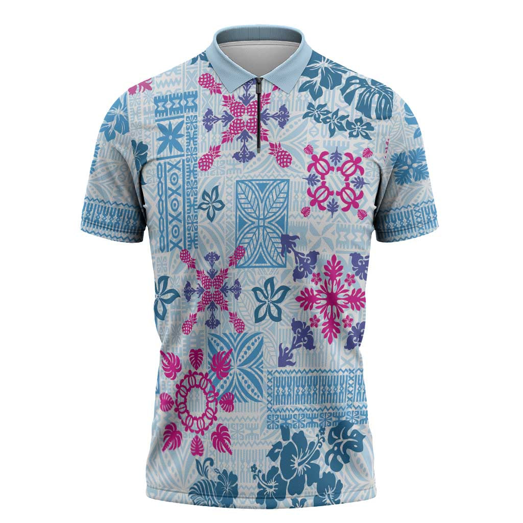 Hawaii Tapa Tribal Zipper Polo Shirt With Hawaiian Quilt Pattern Blue - Polynesian Pride