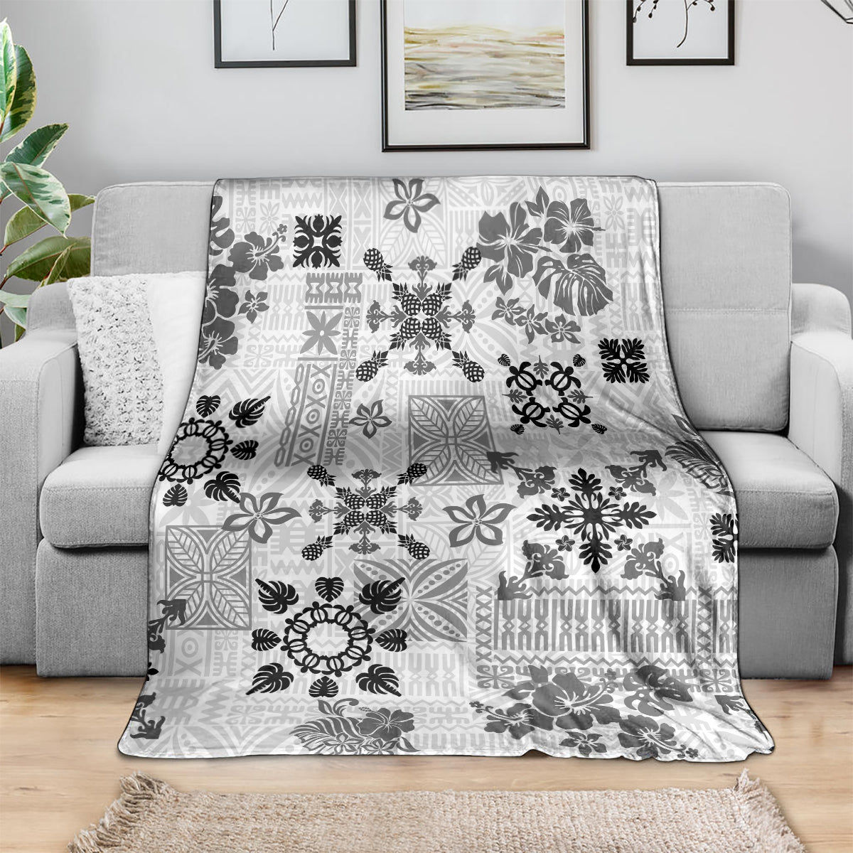 Hawaii Tapa Tribal Blanket With Hawaiian Quilt Pattern Black LT9 - Polynesian Pride