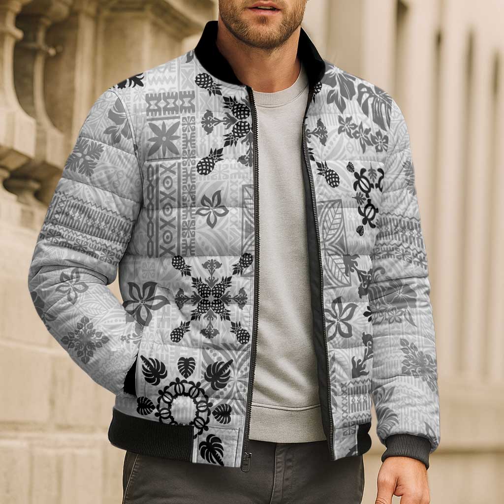 Hawaii Tapa Tribal Bomber Puffer Jacket With Hawaiian Quilt Pattern Black - Polynesian Pride