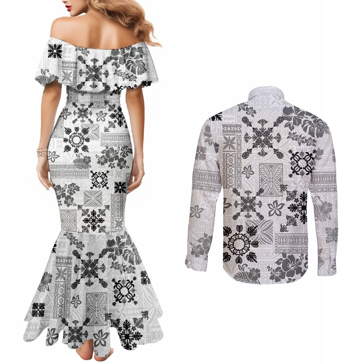 Hawaii Tapa Tribal Couples Matching Mermaid Dress and Long Sleeve Button Shirt With Hawaiian Quilt Pattern Black LT9 - Polynesian Pride