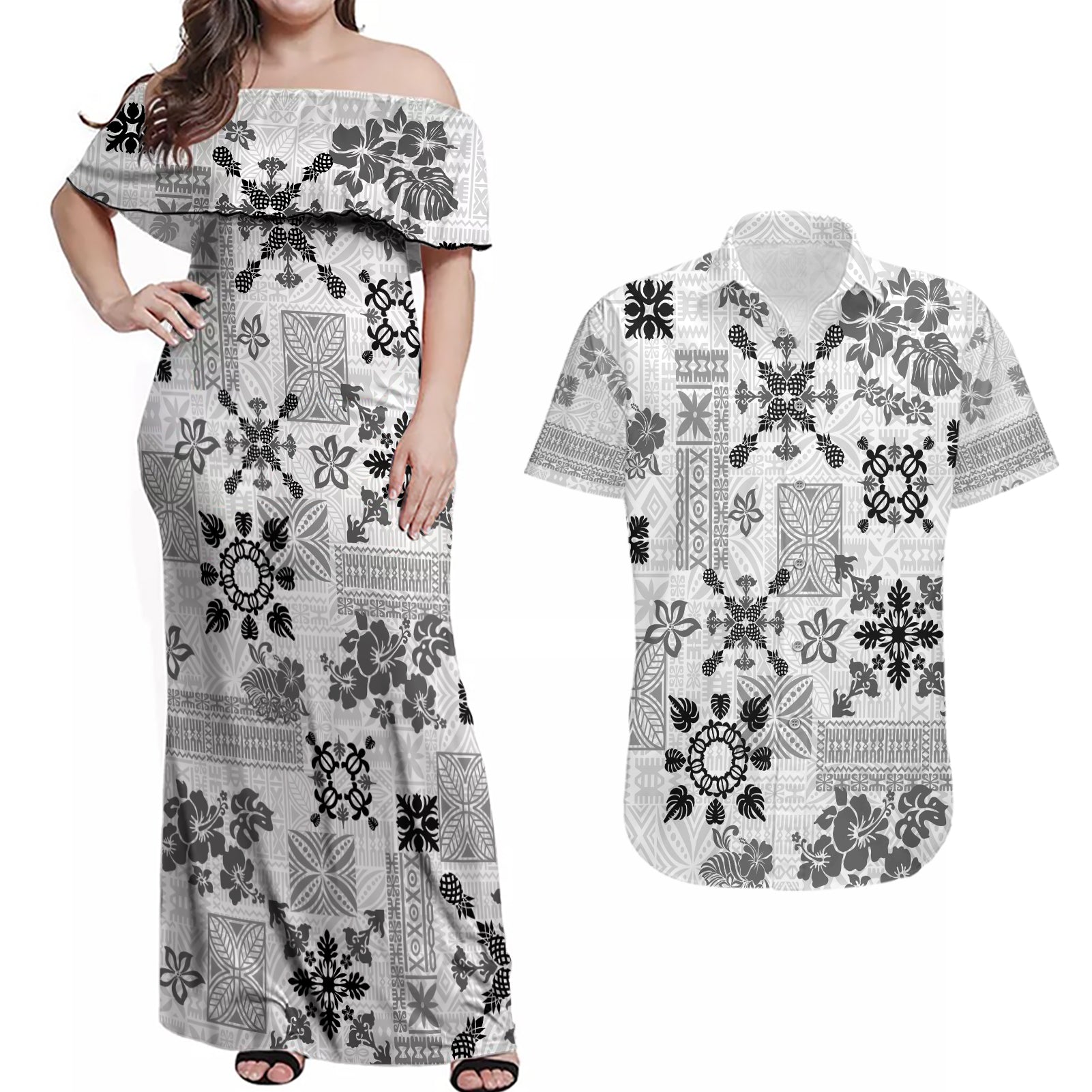 Hawaii Tapa Tribal Couples Matching Off Shoulder Maxi Dress and Hawaiian Shirt With Hawaiian Quilt Pattern Black LT9 Black - Polynesian Pride