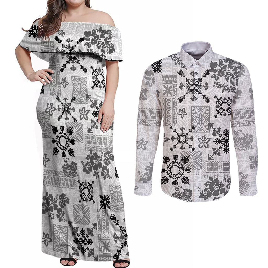 Hawaii Tapa Tribal Couples Matching Off Shoulder Maxi Dress and Long Sleeve Button Shirt With Hawaiian Quilt Pattern Black LT9 Black - Polynesian Pride