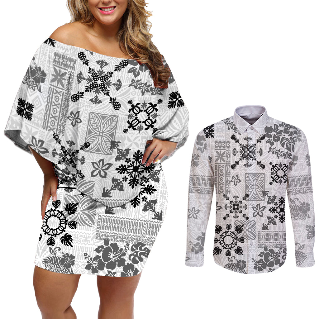 Hawaii Tapa Tribal Couples Matching Off Shoulder Short Dress and Long Sleeve Button Shirt With Hawaiian Quilt Pattern Black LT9 Black - Polynesian Pride