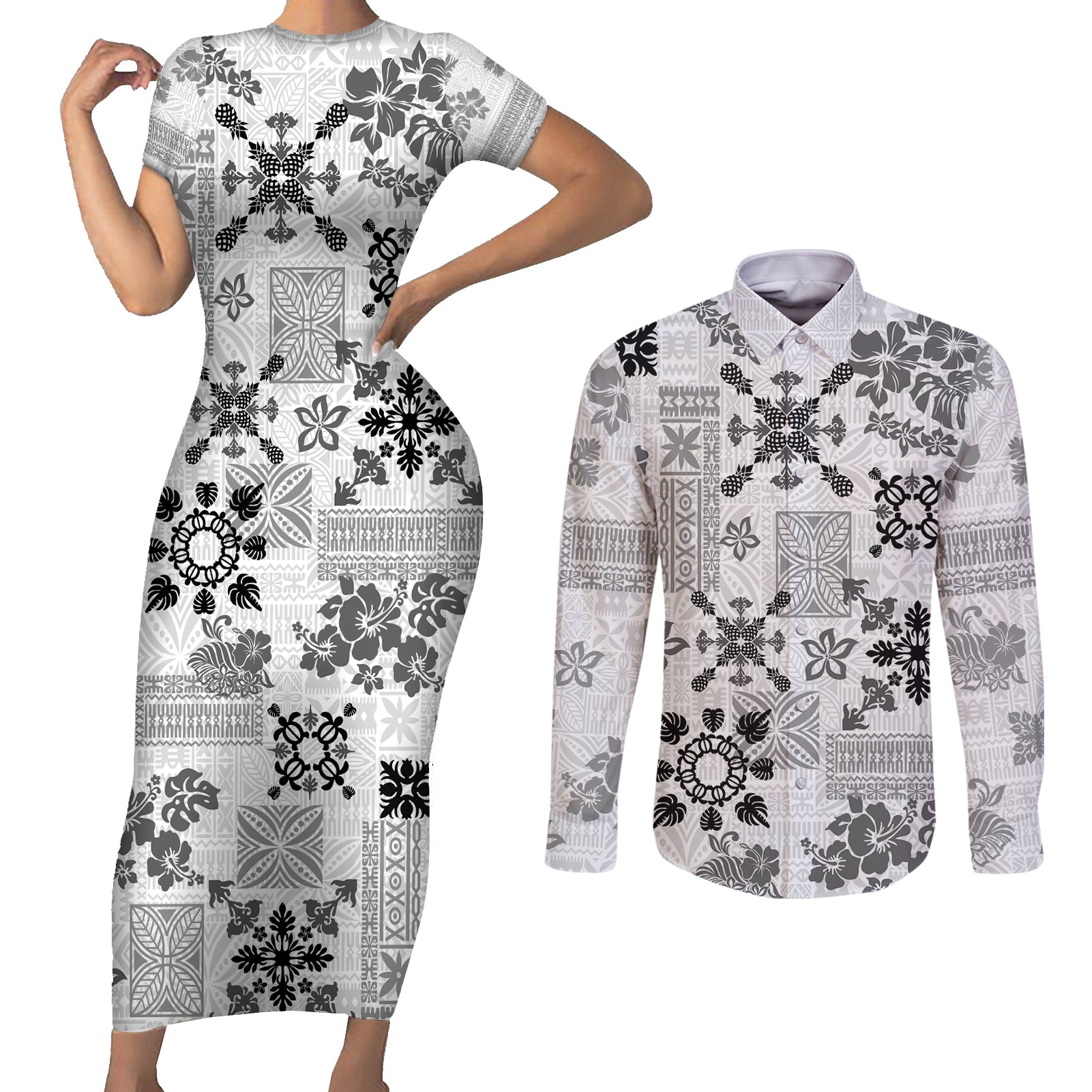 Hawaii Tapa Tribal Couples Matching Short Sleeve Bodycon Dress and Long Sleeve Button Shirt With Hawaiian Quilt Pattern Black LT9 Black - Polynesian Pride