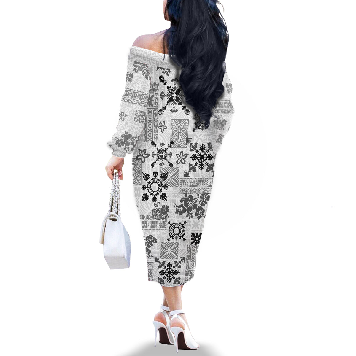 Hawaii Tapa Tribal Family Matching Off Shoulder Long Sleeve Dress and Hawaiian Shirt With Hawaiian Quilt Pattern Black LT9 - Polynesian Pride