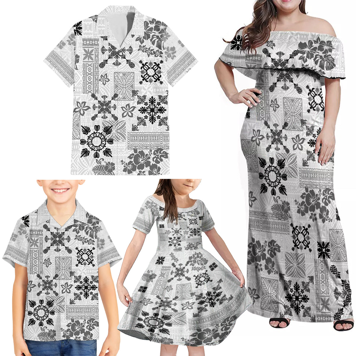 Hawaii Tapa Tribal Family Matching Off Shoulder Maxi Dress and Hawaiian Shirt With Hawaiian Quilt Pattern Black LT9 - Polynesian Pride