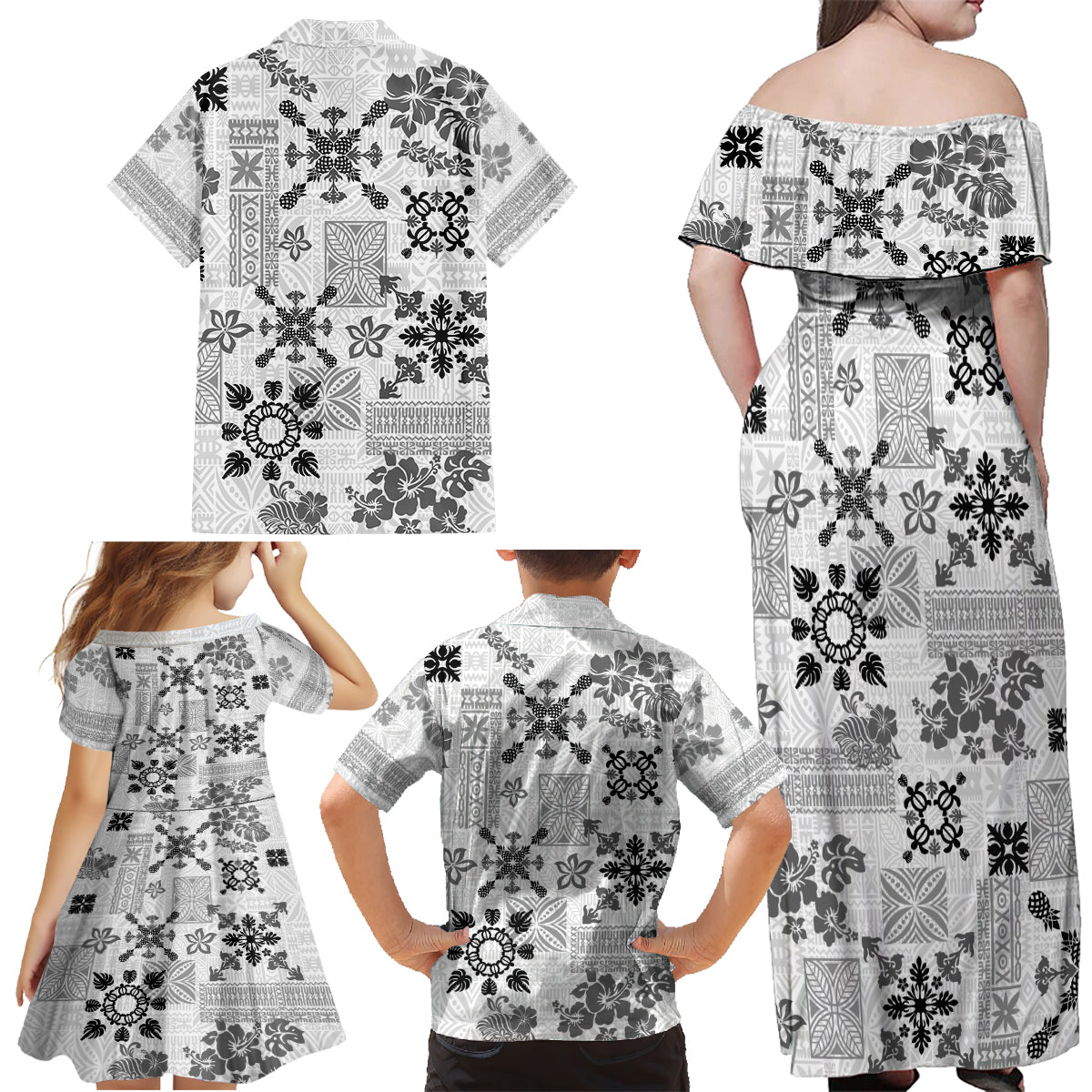 Hawaii Tapa Tribal Family Matching Off Shoulder Maxi Dress and Hawaiian Shirt With Hawaiian Quilt Pattern Black LT9 - Polynesian Pride