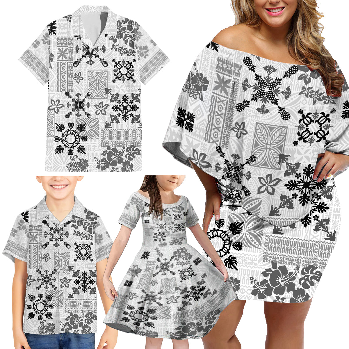 Hawaii Tapa Tribal Family Matching Off Shoulder Short Dress and Hawaiian Shirt With Hawaiian Quilt Pattern Black LT9 - Polynesian Pride