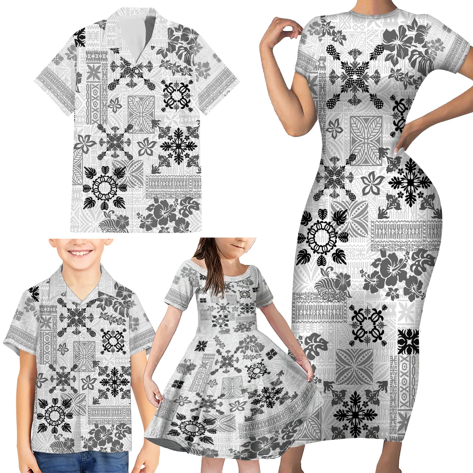 Hawaii Tapa Tribal Family Matching Short Sleeve Bodycon Dress and Hawaiian Shirt With Hawaiian Quilt Pattern Black LT9 - Polynesian Pride