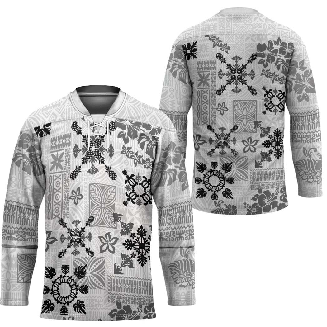 Hawaii Tapa Tribal Hockey Jersey With Hawaiian Quilt Pattern Black - Polynesian Pride
