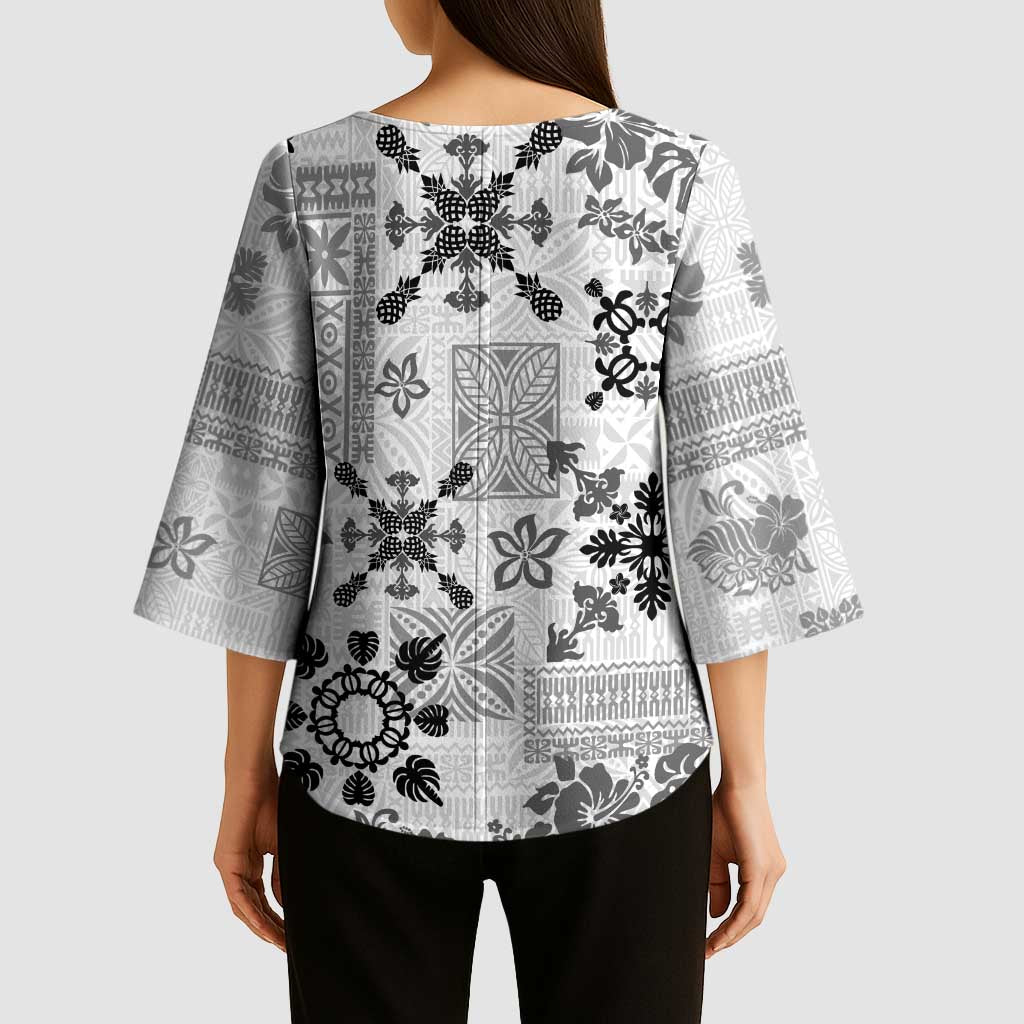 Hawaii Tapa Tribal Kimono Sleeve Blouse With Hawaiian Quilt Pattern Black - Polynesian Pride