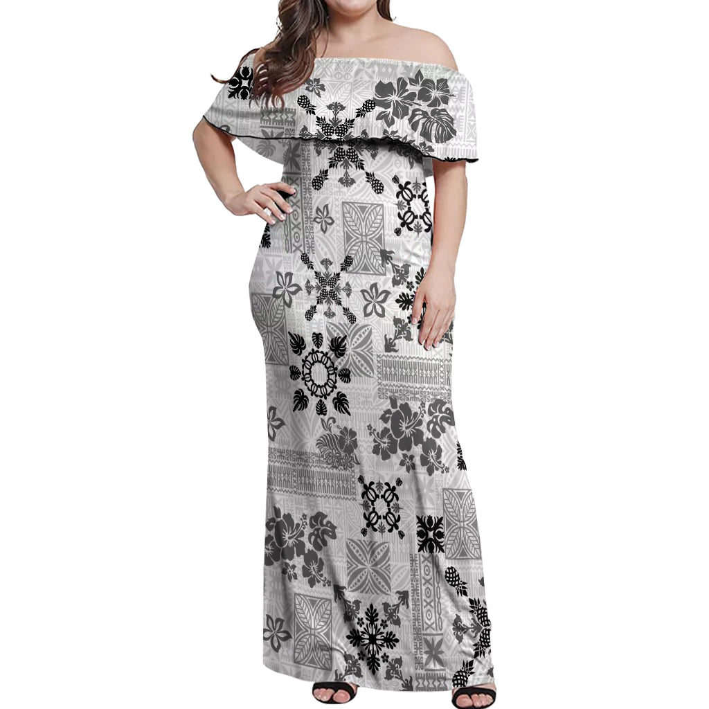 Hawaii Tapa Tribal Off Shoulder Maxi Dress With Hawaiian Quilt Pattern Black LT9 Women Black - Polynesian Pride