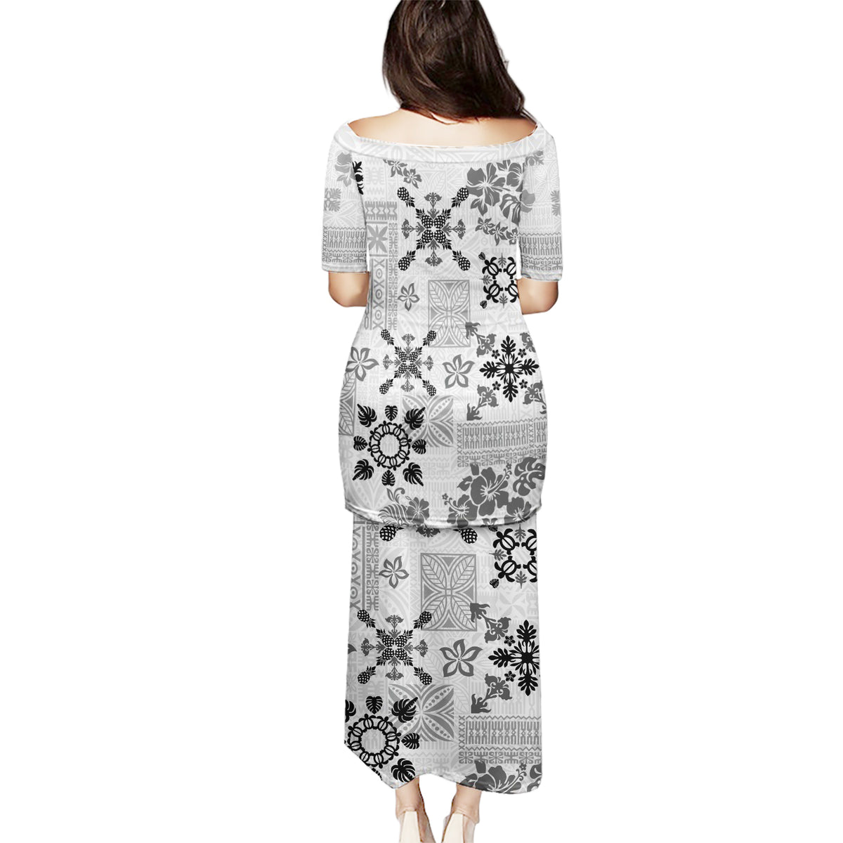 Hawaii Tapa Tribal Puletasi With Hawaiian Quilt Pattern Black LT9 - Polynesian Pride