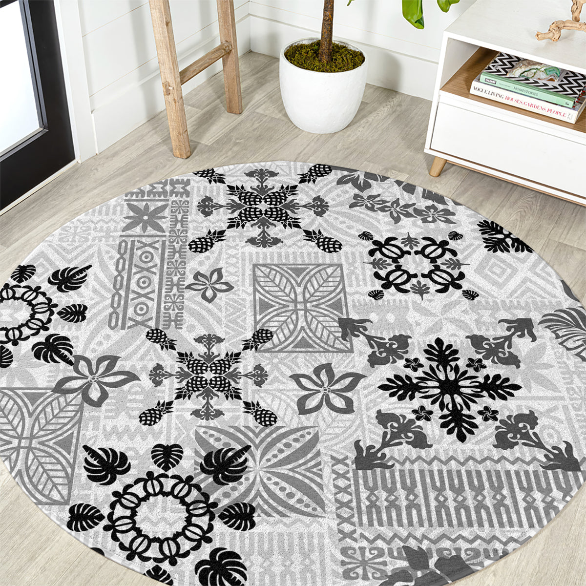 Hawaii Tapa Tribal Round Carpet With Hawaiian Quilt Pattern Black LT9 Black - Polynesian Pride