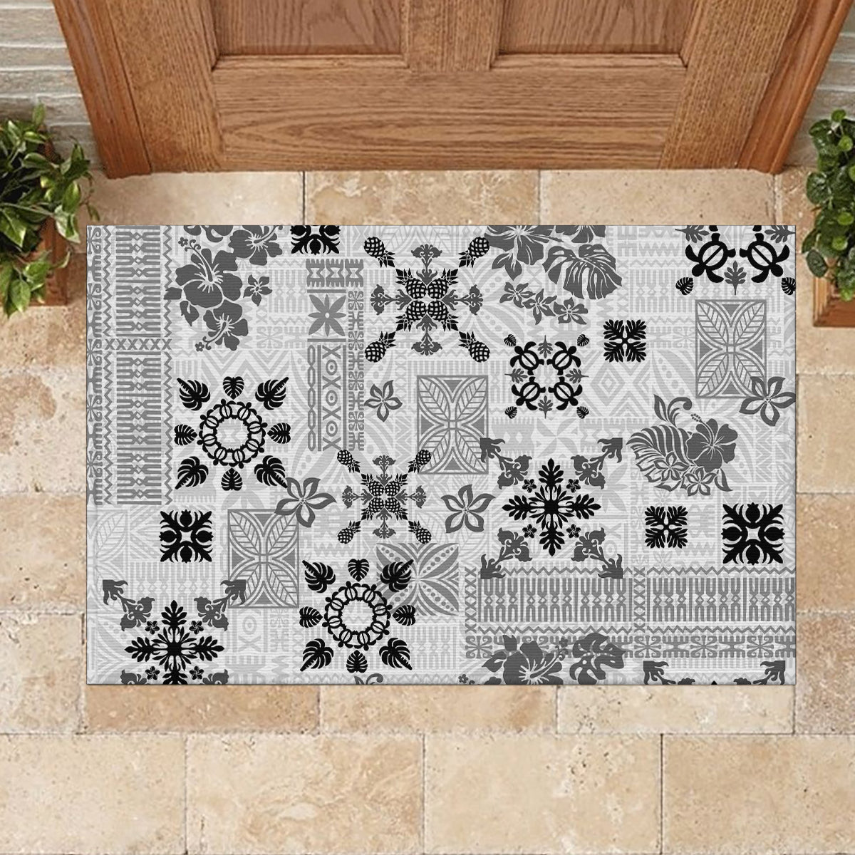 Hawaii Tapa Tribal Rubber Doormat With Hawaiian Quilt Pattern Black LT9 - Polynesian Pride