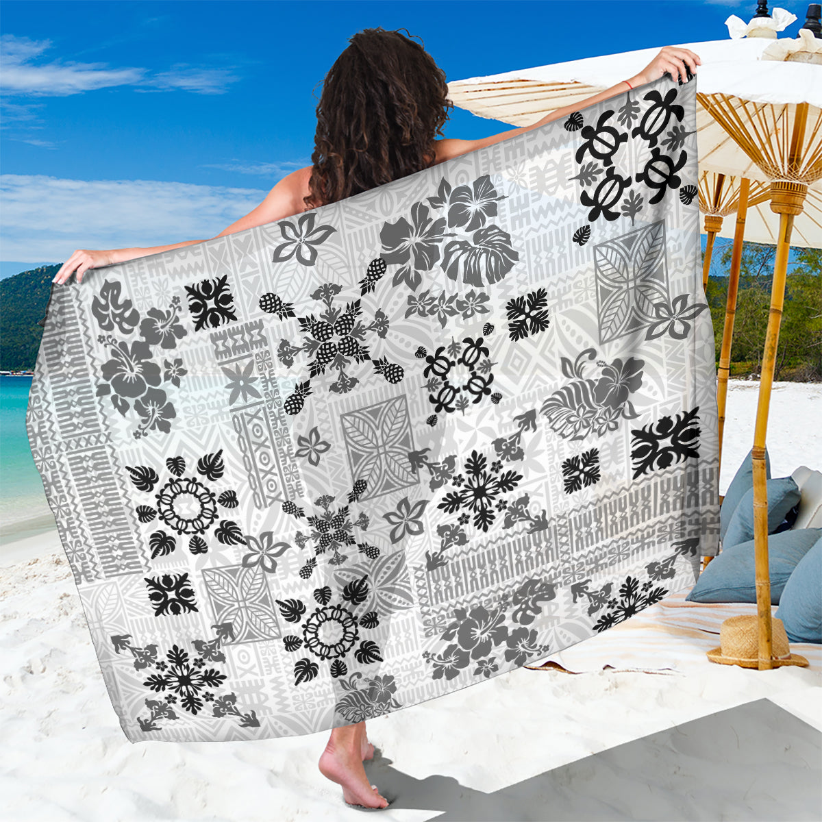 Hawaii Tapa Tribal Sarong With Hawaiian Quilt Pattern Black LT9 One Size 44 x 66 inches Black - Polynesian Pride