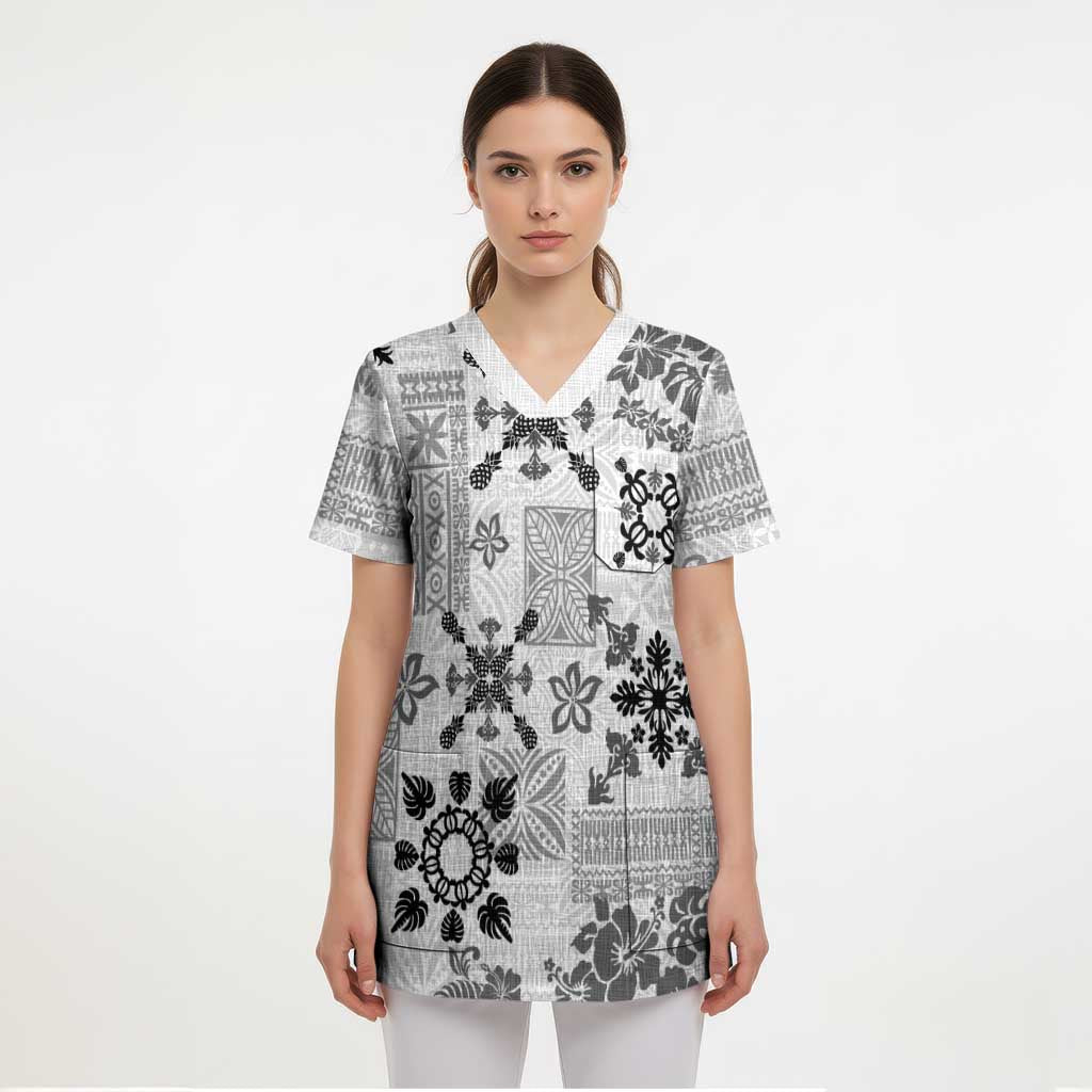 Hawaii Tapa Tribal Scrub Top With Hawaiian Quilt Pattern Black - Polynesian Pride