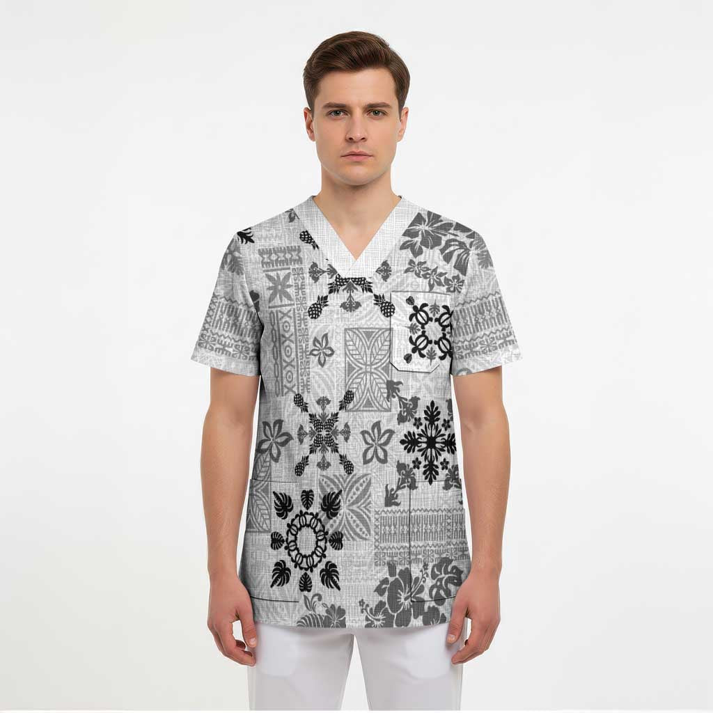 Hawaii Tapa Tribal Scrub Top With Hawaiian Quilt Pattern Black - Polynesian Pride