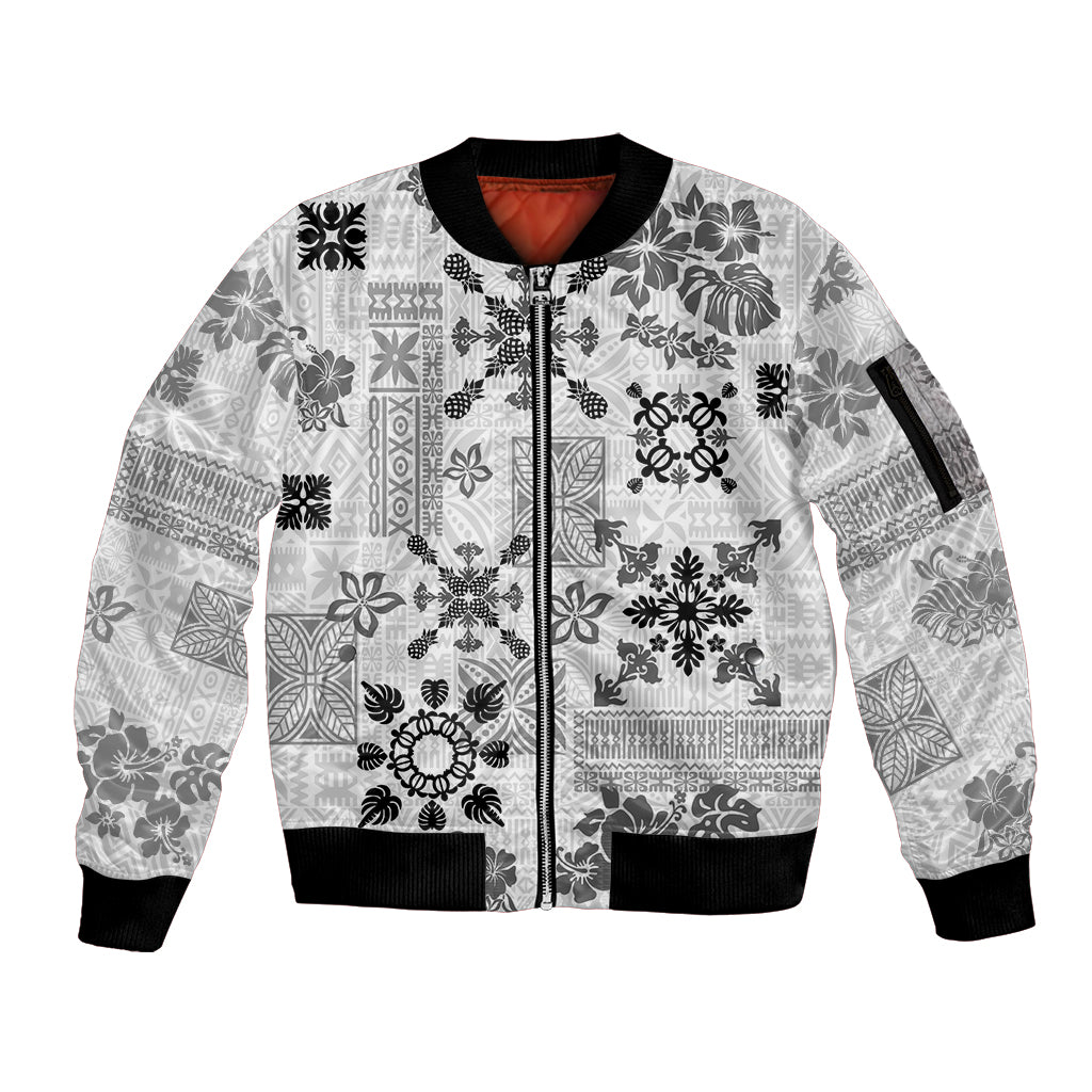 Hawaii Tapa Tribal Sleeve Zip Bomber Jacket With Hawaiian Quilt Pattern Black LT9 Unisex Black - Polynesian Pride