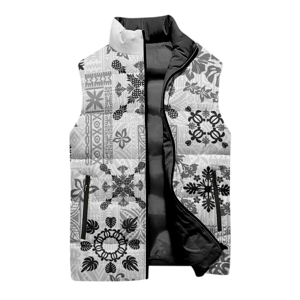 Hawaii Tapa Tribal Sleeveless Puffer Jacket With Hawaiian Quilt Pattern Black - Polynesian Pride