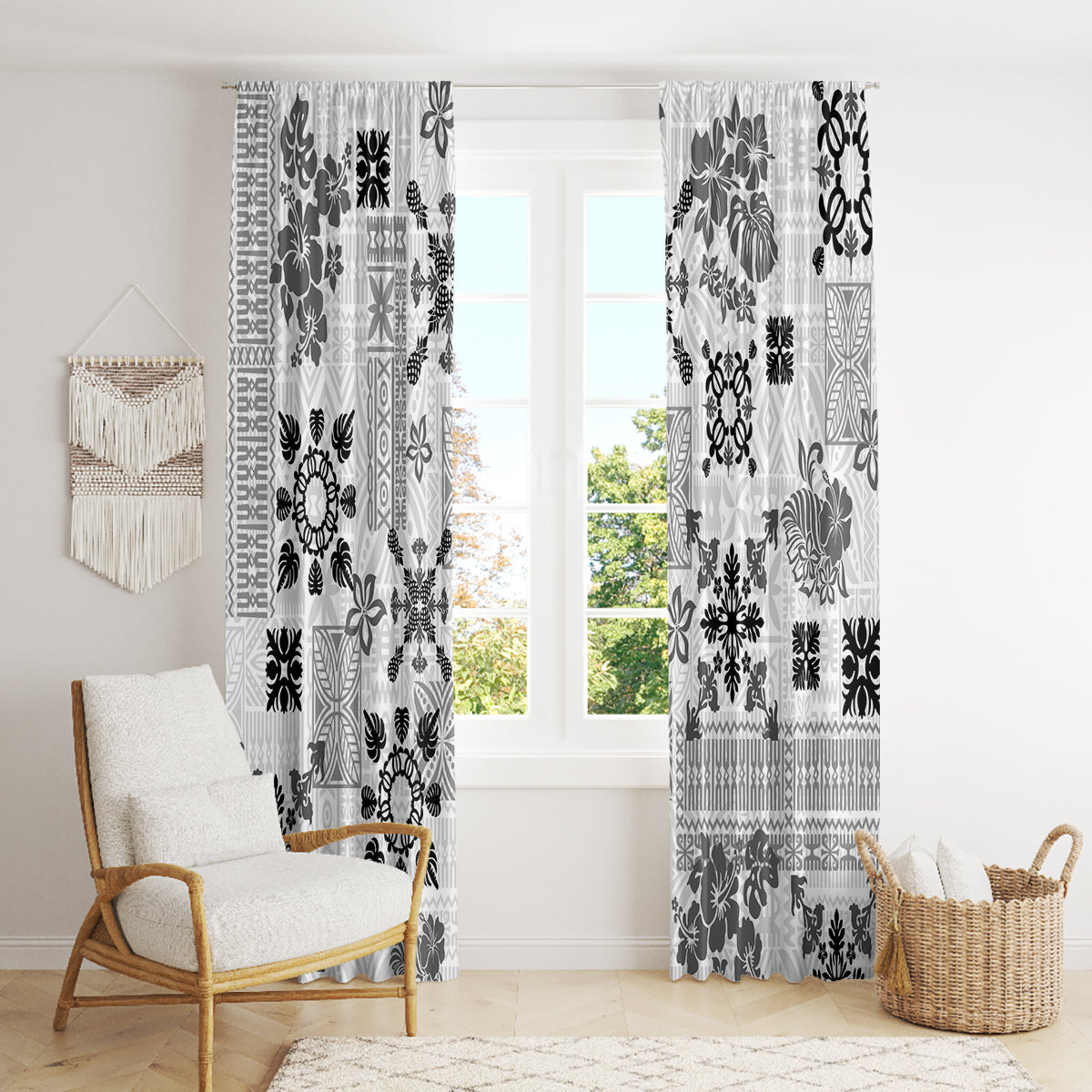 Hawaii Tapa Tribal Window Curtain With Hawaiian Quilt Pattern Black LT9 - Polynesian Pride