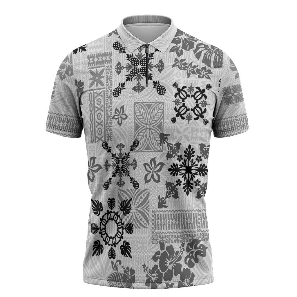 Hawaii Tapa Tribal Zipper Polo Shirt With Hawaiian Quilt Pattern Black - Polynesian Pride