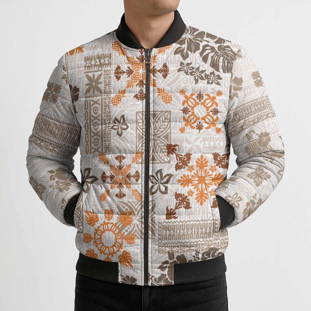 Hawaii Tapa Tribal Bomber Puffer Jacket With Hawaiian Quilt Pattern Gold - Polynesian Pride