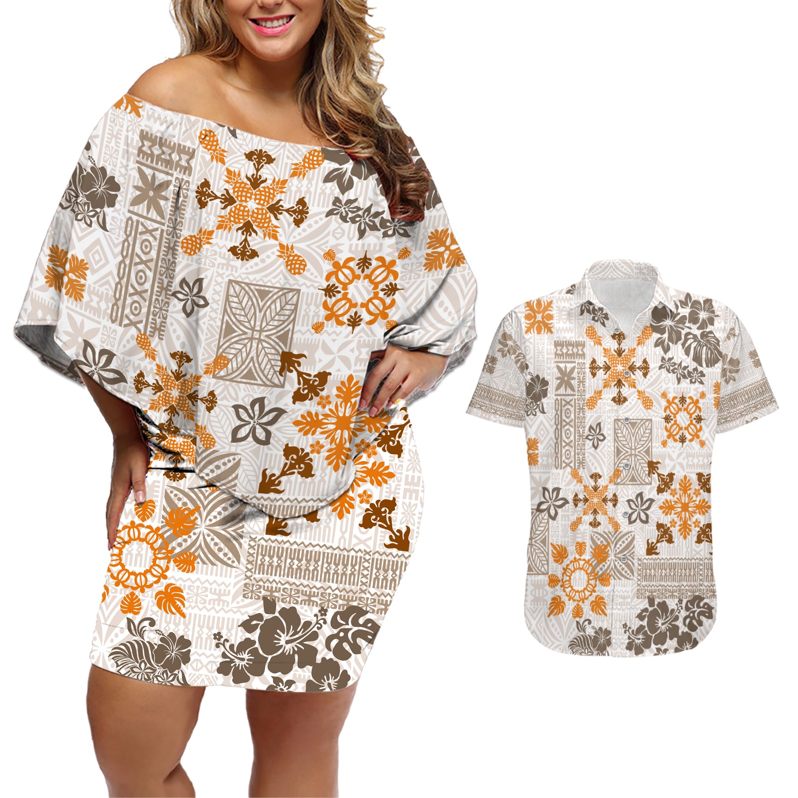 Hawaii Tapa Tribal Couples Matching Off Shoulder Short Dress and Hawaiian Shirt With Hawaiian Quilt Pattern Gold LT9 Gold - Polynesian Pride