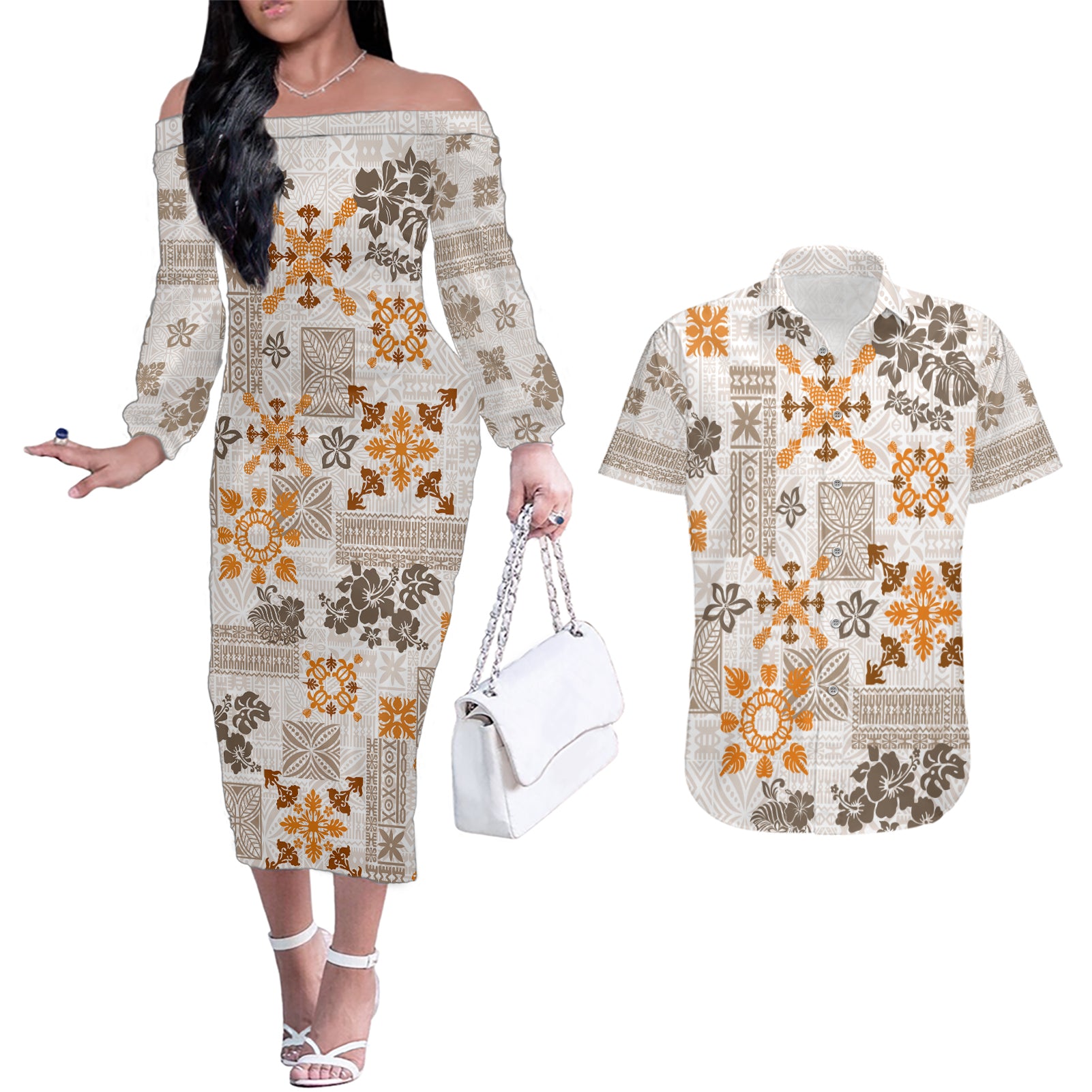 Hawaii Tapa Tribal Couples Matching Off The Shoulder Long Sleeve Dress and Hawaiian Shirt With Hawaiian Quilt Pattern Gold LT9 Gold - Polynesian Pride