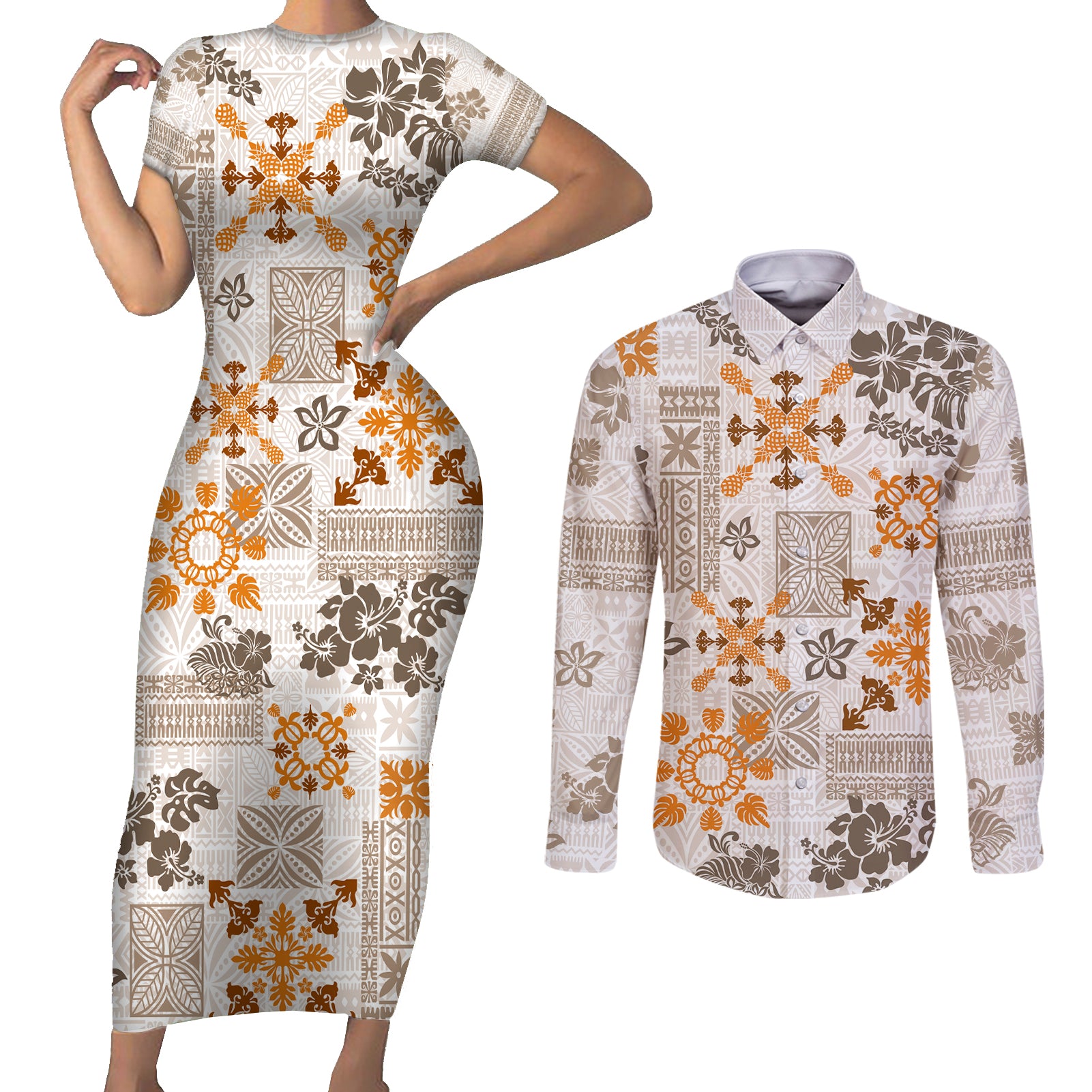 Hawaii Tapa Tribal Couples Matching Short Sleeve Bodycon Dress and Long Sleeve Button Shirt With Hawaiian Quilt Pattern Gold LT9 Gold - Polynesian Pride