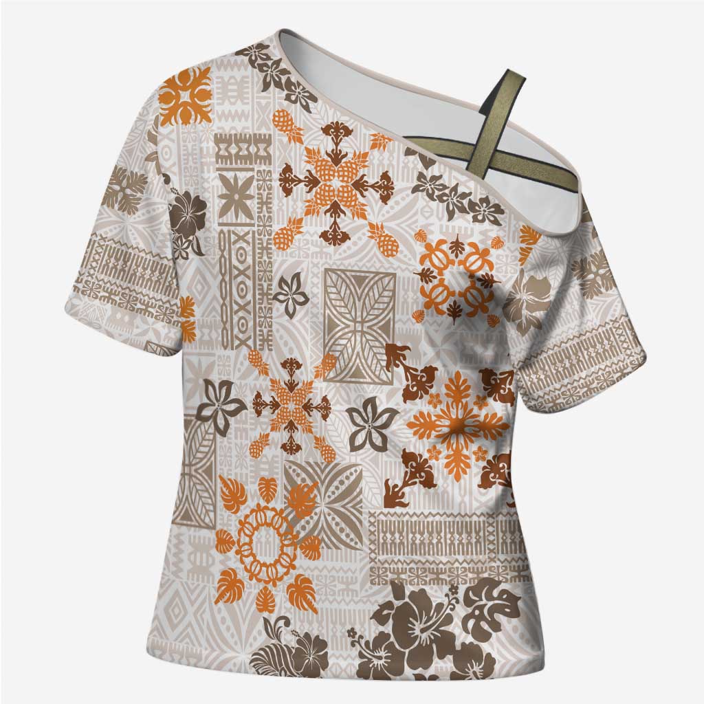 Hawaii Tapa Tribal Cross Shoulder Shirt With Hawaiian Quilt Pattern Gold LT9 Female Gold - Polynesian Pride