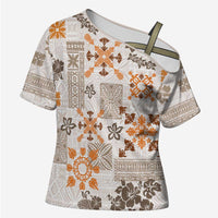 Hawaii Tapa Tribal Cross Shoulder Shirt With Hawaiian Quilt Pattern Gold LT9 Female Gold - Polynesian Pride