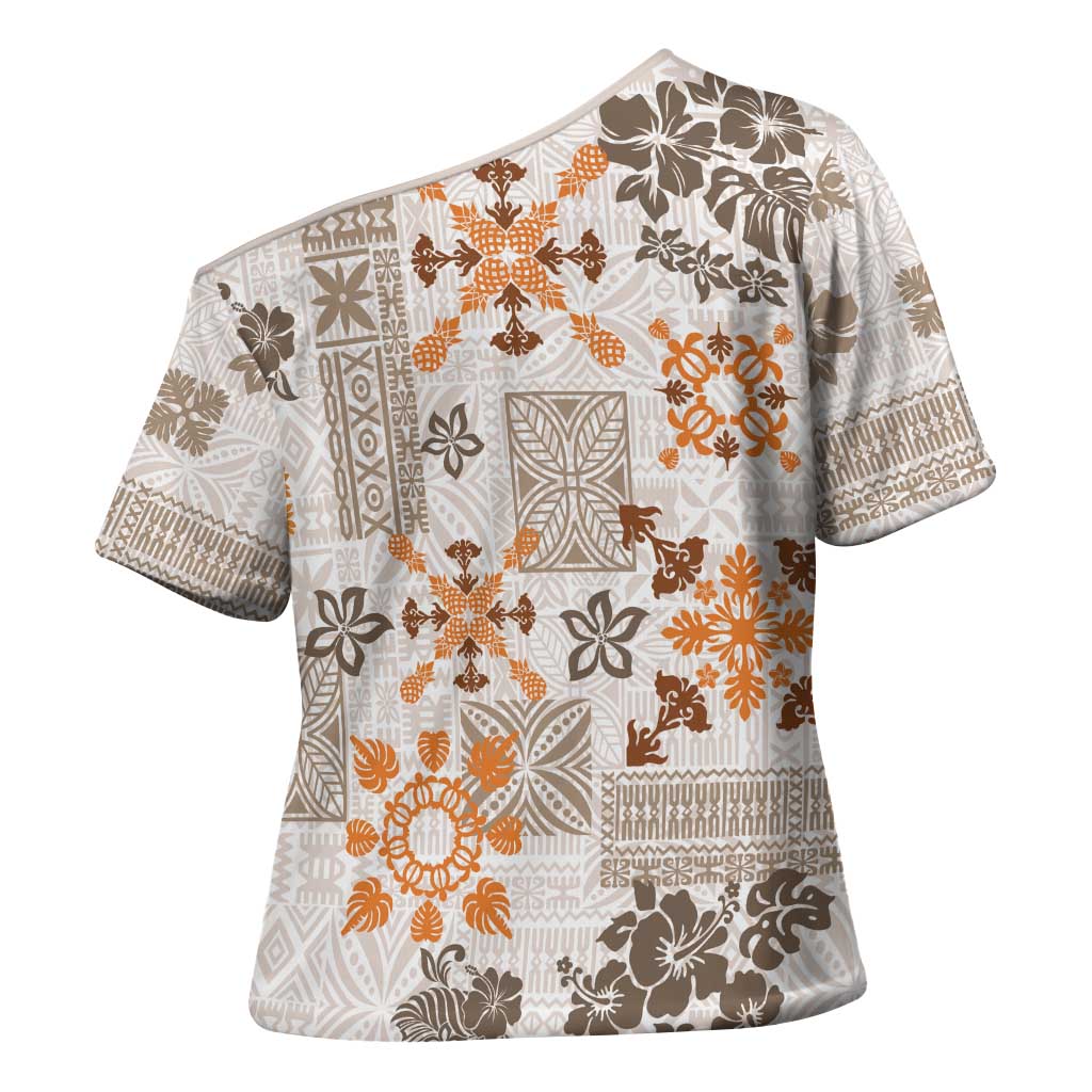 Hawaii Tapa Tribal Cross Shoulder Shirt With Hawaiian Quilt Pattern Gold LT9 - Polynesian Pride