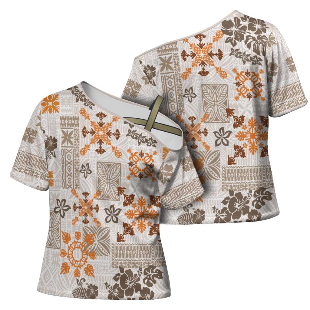Hawaii Tapa Tribal Cross Shoulder Shirt With Hawaiian Quilt Pattern Gold LT9 - Polynesian Pride