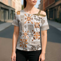 Hawaii Tapa Tribal Cross Shoulder Shirt With Hawaiian Quilt Pattern Gold LT9 - Polynesian Pride