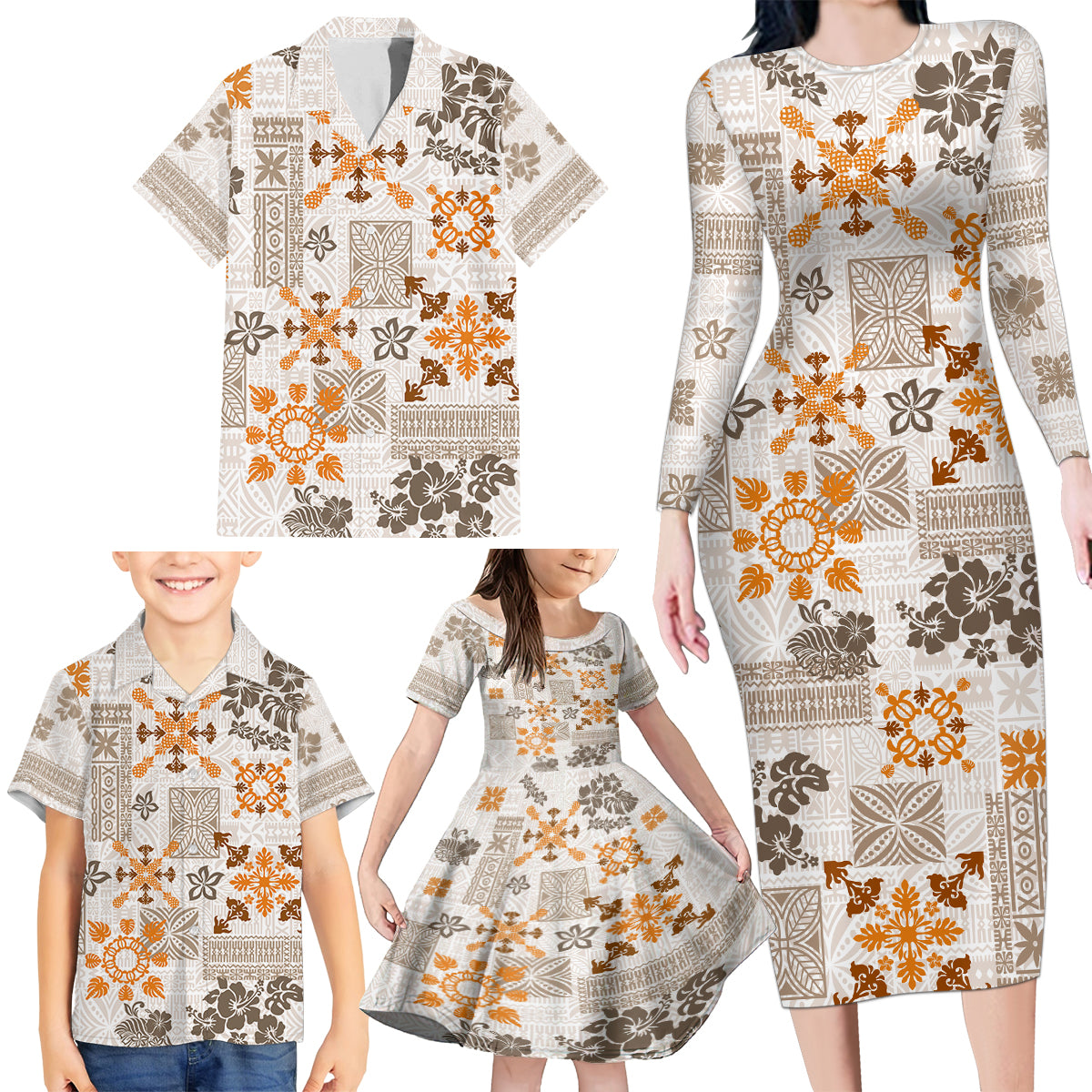 Hawaii Tapa Tribal Family Matching Long Sleeve Bodycon Dress and Hawaiian Shirt With Hawaiian Quilt Pattern Gold LT9 - Polynesian Pride