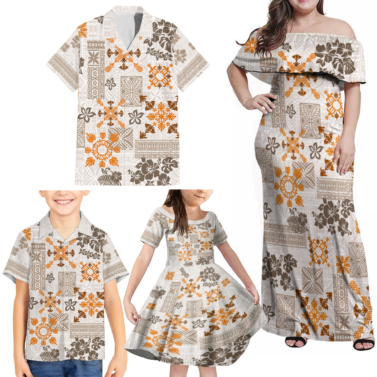 Hawaii Tapa Tribal Family Matching Off Shoulder Maxi Dress and Hawaiian Shirt With Hawaiian Quilt Pattern Gold LT9 - Polynesian Pride