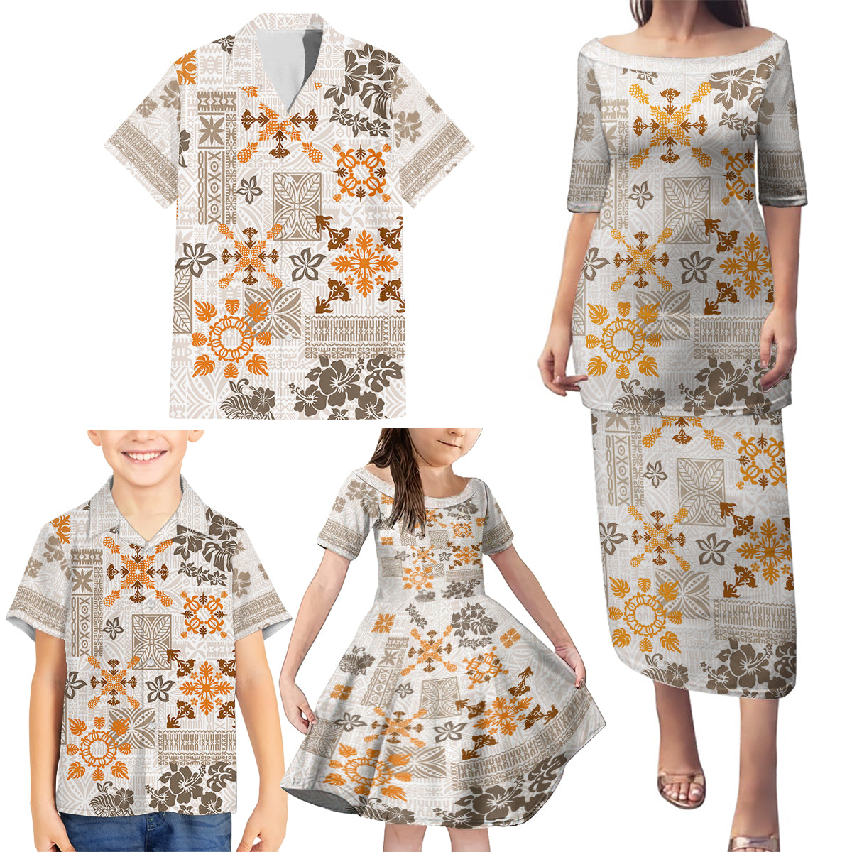 Hawaii Tapa Tribal Family Matching Puletasi Dress and Hawaiian Shirt With Hawaiian Quilt Pattern Gold LT9 - Polynesian Pride