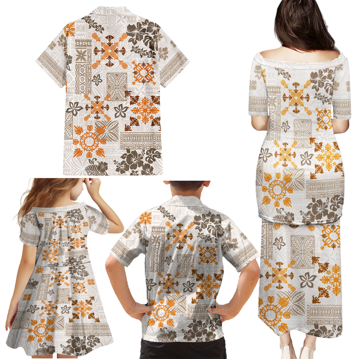 Hawaii Tapa Tribal Family Matching Puletasi Dress and Hawaiian Shirt With Hawaiian Quilt Pattern Gold LT9 - Polynesian Pride