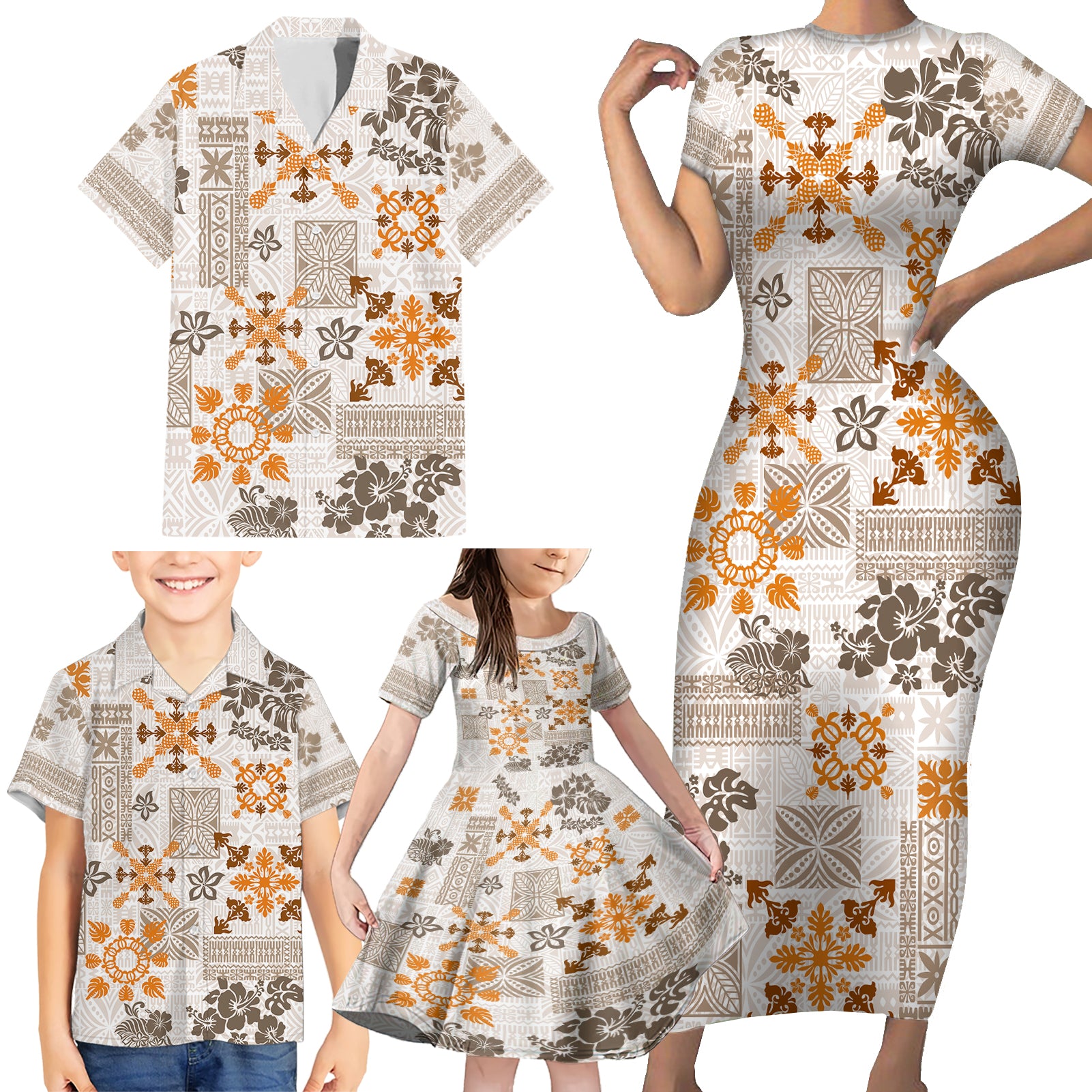 Hawaii Tapa Tribal Family Matching Short Sleeve Bodycon Dress and Hawaiian Shirt With Hawaiian Quilt Pattern Gold LT9 - Polynesian Pride