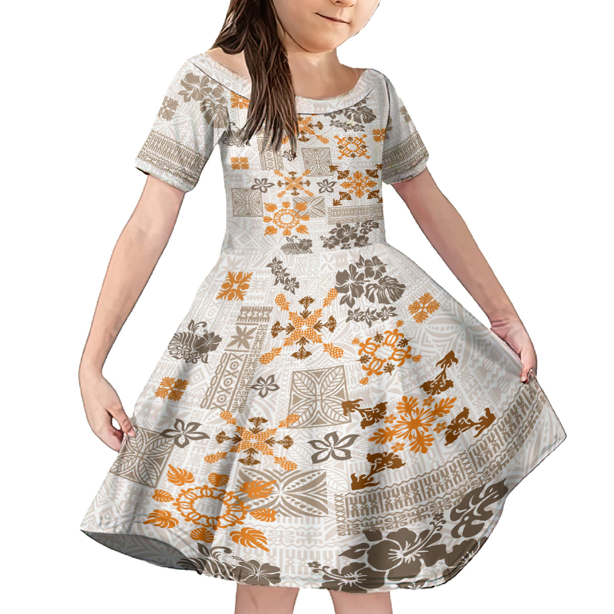 Hawaii Tapa Tribal Kid Short Sleeve Dress With Hawaiian Quilt Pattern Gold LT9 KID Gold - Polynesian Pride