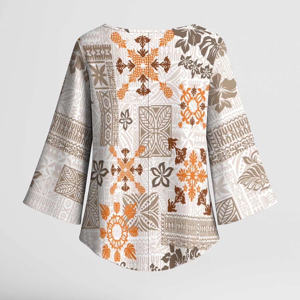 Hawaii Tapa Tribal Kimono Sleeve Blouse With Hawaiian Quilt Pattern Gold LT9 - Polynesian Pride